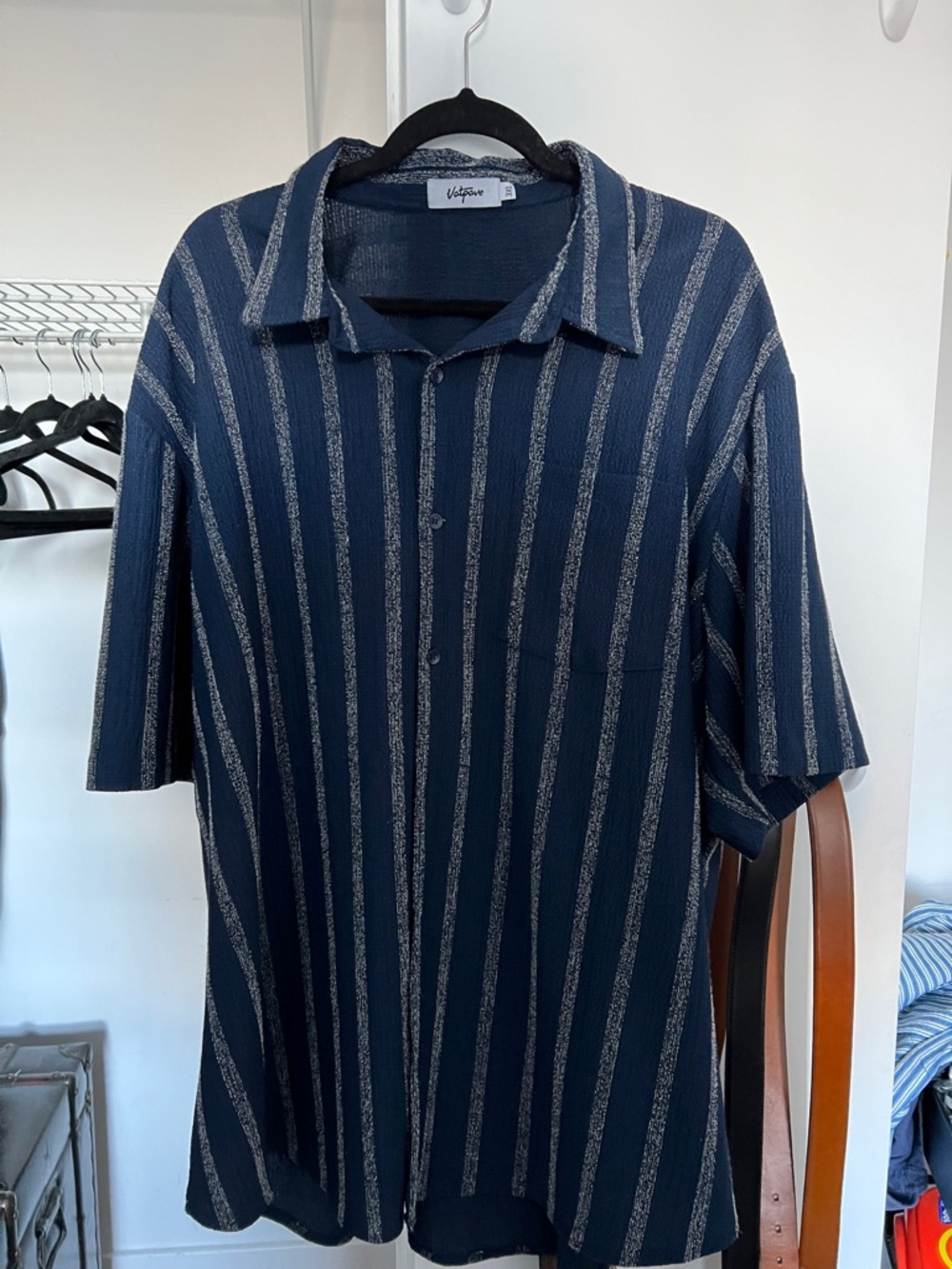 Vintage Navy and Cream Vertical Stripe Button-Down Shirt